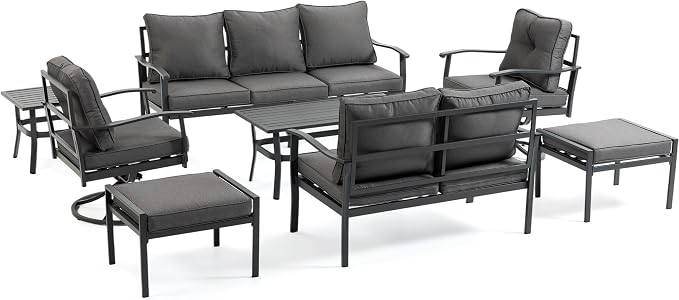 Patio Furniture Set, 8 Pieces Outdoor Metal Conversation Set Sofas with 1 Three-Seater Sofa,1 Loveseat Sofa,2 Swivel Chairs,2 Footstools,1 Side Table,with Cushion