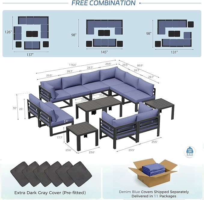 NICESOUL 14 Piece Oversized Modular Aluminum Outdoor Furniture Set with Side Table, 29" Deep and Wide Sectional Seating, 500 lbs High Weight Capacity Patio Conversation Set for Poolside, Denim Blue