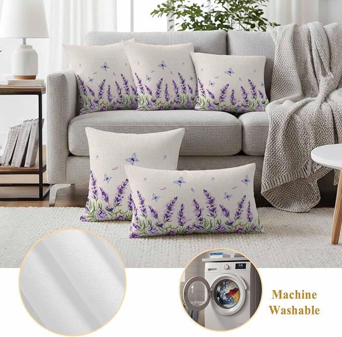 Botanical Lavender Floral Outdoor Waterproof Pillow Covers, Purple Flowers Butterfly Beige Decorative Rectangle Throw Pillowcase Sofa Cushion Sham for Patio/Couch/Chair, 20"x12" 2 Pack