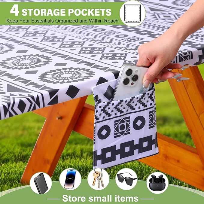 Picnic Table Cover with Bench Covers Vinyl Elastic Edges Fitted Rectangle Tables Seat Waterproof 3-Piece96X30in Set Outdoor Rectangular Folding Backing Tablecloth for Camping Over Size BlackGeometrics
