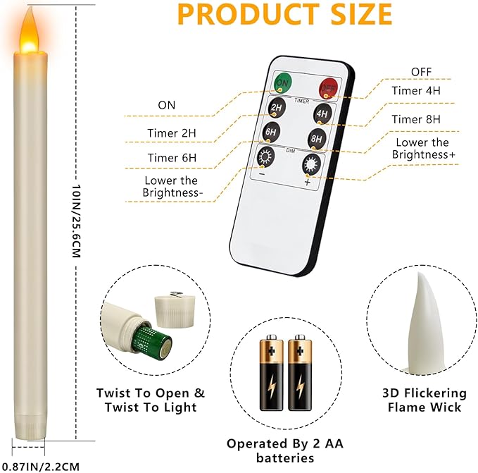 wemarry Flameless Taper Candles 10" Dripless Battery Operated Candle with Remote Timer, 6 Pack Christmas Window Candles, 400+ Hours by 2 AA Batteries for Home Decor, Candlelight Dinner, Weddings