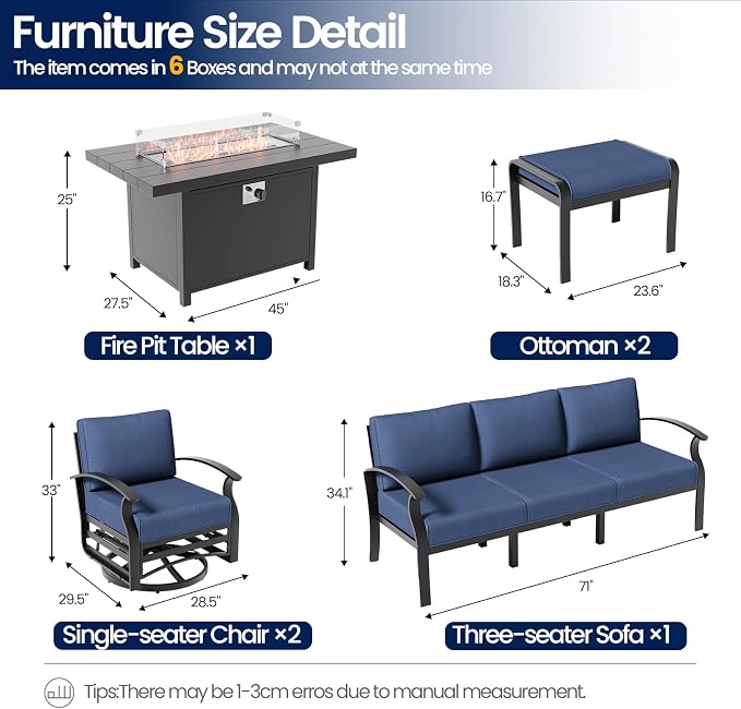 Aluminum Patio Furniture Set with Fire Pit Table, 7 Seats Outdoor Patio Conversation Sets with Swivel Chairs, Modern Metal Sectional Sofa with Upgrade Cushions for Patio, Backyard, Deck - Blue