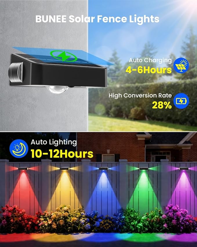 BUNEE Waterproof Solar Fence Lights Outdoor 8 Pack 12 RGB Color Changing Mode Decorative LED 3-Sided Solar Powered Landscape Wall Lighting, Decor for Outside Patio Step Backyard Deck Railing Pool
