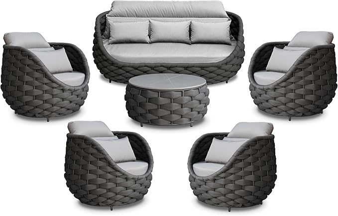 Metal Outdoor Conversation Sets: 6-Piece Aluminum Patio Furniture Set - Woven Rope Porch Sofa Set w/Coffee Table Cushions - Assembled Modern Lounge Couch for Deck Garden Yard Pool Hotel Resort