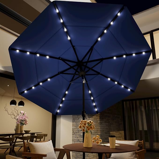 HOMPUS 11FT 3 Tiers Solar LED Patio Umbrella for Outside, Outdoor Market Umbrella with Push Button Tilt, Pool Umbrella w 40 LEDs for Backyard, Deck, Garden, Navy Blue