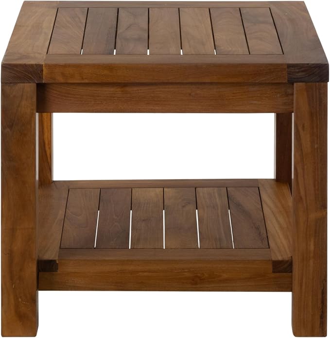 Teak Wood Side Table with Storage - Teak Oil Finish Indoor and Outdoor Wooden Furniture for Deck, Porch, Balcony, Living Room, Bedroom and Backyard (18" D x 18" W x 16" H)