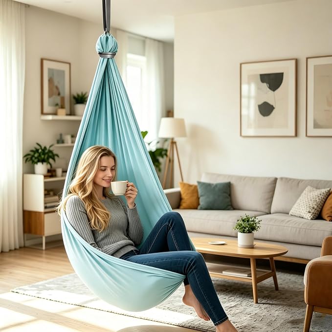 Hammock Without Stand, Double Layer Cuddle Hammock Swing, Adjustable Aerial Yoga Swing with Full Hardware Kit, 360° Swivel, Holds Up to 300lbs for Adults (Light Blue)
