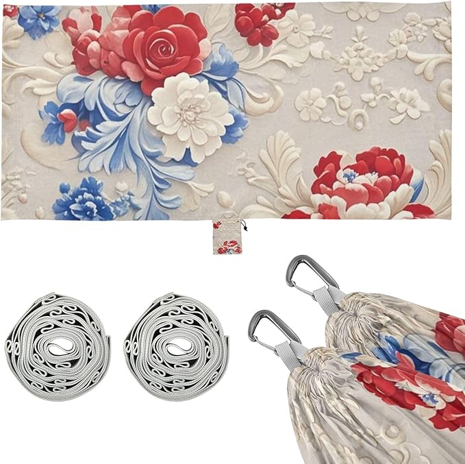 Red and Blue Flowers 330lb Capacity Outdoor Hammock with Portabl Carry Bag Rope Hammock for Patio Backyard Lounge Base Base para hamacas