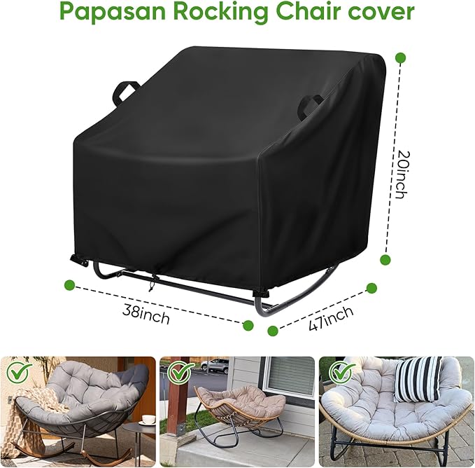 Patio Papasan Rocker Chair Cover, Waterproof Outdoor Papasan Rocking Chair Cover, for rocking chair and Rattan Wicker Chairs -38"W x 47"D x 20"H (Black)