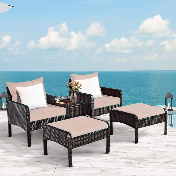 Tangkula 5 Pieces Wicker Patio Furniture Set, PE Rattan Outdoor All Weather Cushioned Sofas and Ottoman Set, 2-Person Outside Conversation Set for Lawn, Poolside, Yard, Balcony, Deck, Coffee