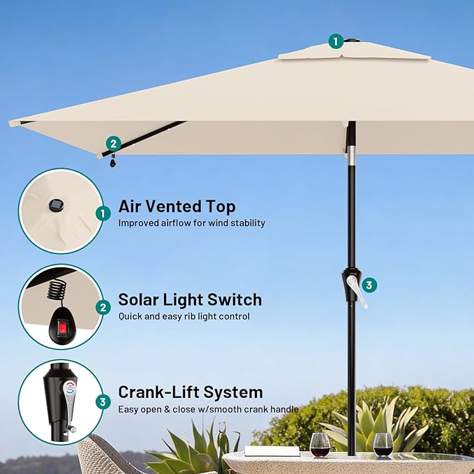AreShark 6.5' x 10' Rectangular Patio Umbrella with Solar Lights, Solar Powered Lighted Market Umbrella w/Tilt and Crank, Outdoor Table Umbrella for Garden, Deck, Backyard, Pool, Cream-White