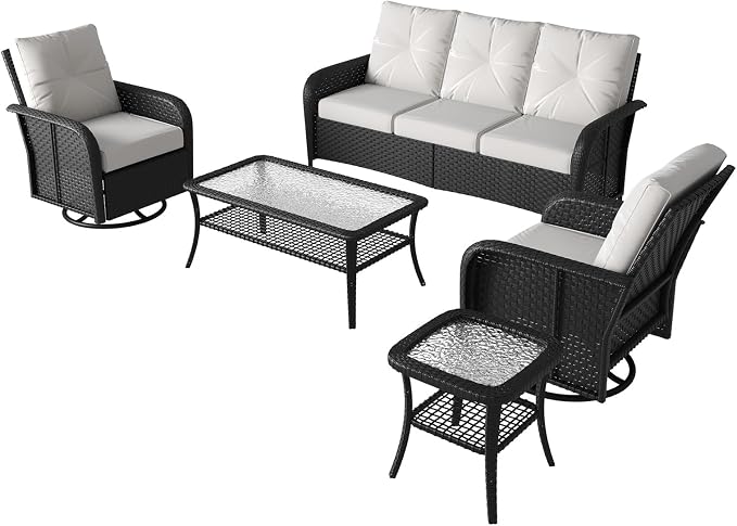 LazySunsets 7 Piece Outdoor Patio Furniture Set with Coffee Table, Wicker Rattan Outdoor Furniture with High Back Swivel Rocker Chairs, Outdoor Conversation Sets with Thick Cushions, Beige