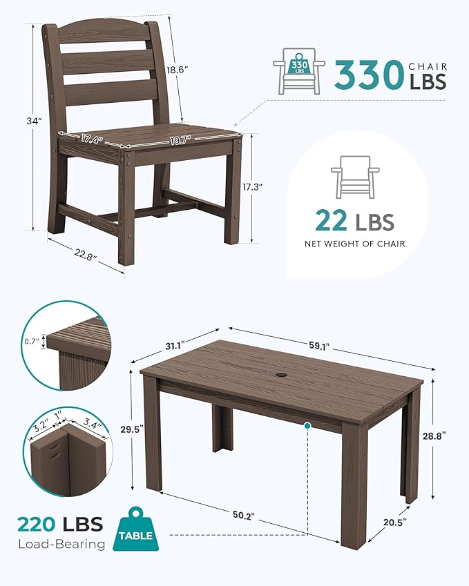 SERWALL Outdoor Dining Sets for 4, HDPE Dining Sets for 4 Person with 1 Umbrella Hole Cut-Out Rectangular Table and 4 Armless Chairs, Patio Dining Sets for Garden, Backyard, Poolside, Coffee
