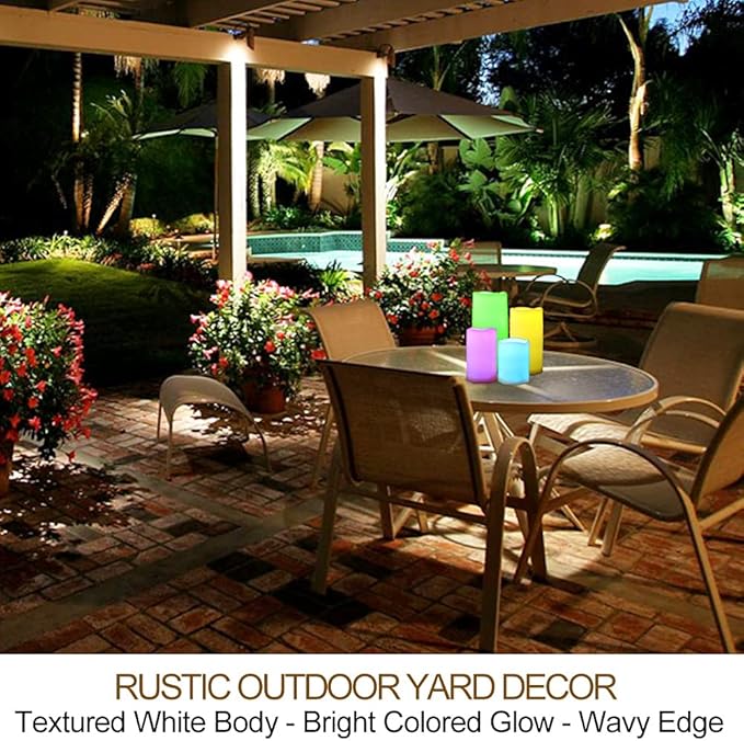 Set of 4 Multicolor LED Pillar Candles Outdoor IP64 Waterproof 3x4 3x5 3x6 3x7 - Color Changing Pillar Candles Battery Powered - Unscented LED Candles Assorted Colors with Timer and Remote