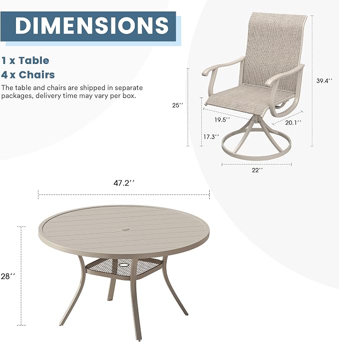 DIFY Outdoor Dining Set for 4, 5 Piece Patio Table and Chairs Set, Swivel Patio Dining Chairs with Textilene Fabric & 47.2" Round Metal Dining Table with Umbrella Hole, for Garden Backyard, Sandshell