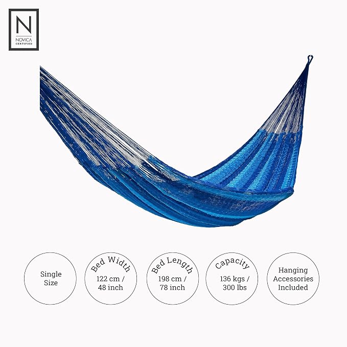 NOVICA Multicolor Sky Blue Striped Hand Woven Nylon Mayan 1 Person Rope Hammock, 'Blue Caribbean' (Single)