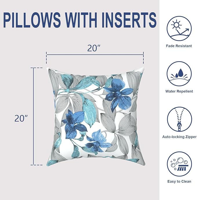 Outdoor Throw Pillows with Inners 20x20 Inch, Square Pillows Decorative for Home Garden Furniture Set of 2, Clemens Blue