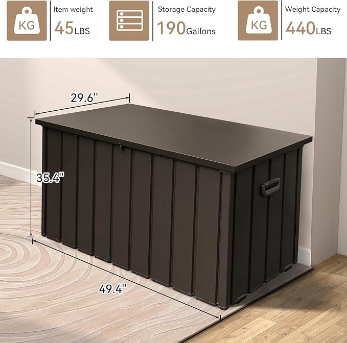 190 Gallon Metal Deck Box, Waterproof Galvanized Steel Outdoor Storage Cabinet, Lockable Storage Bench with Hydraulic Pistons, Rolling Wheels for Patio, Pool, Backyard