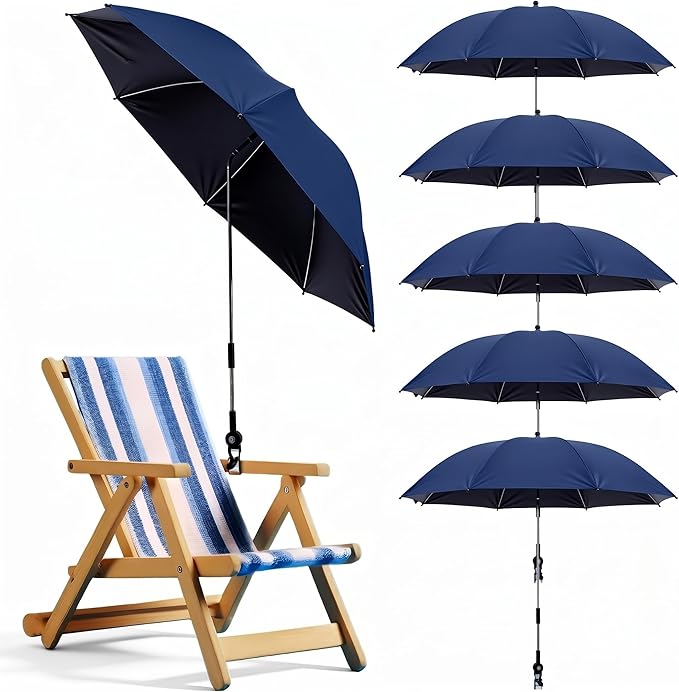 Sadnyy 6 Pcs Beach Chair Umbrella with Universal Clamp, 360 ° Adjustable Clip on Umbrellas 42" UPF 50+ Portable Sun Shade for Beach Chair Patio Camping Wheelchair Stroller Golf Cart