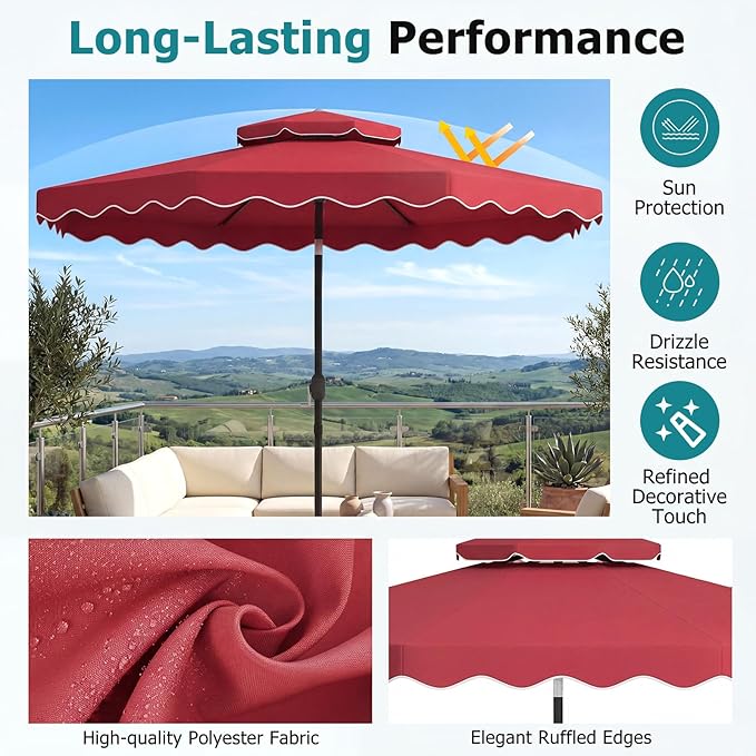 Happygrill 10 FT Patio Umbrella, Scalloped Outdoor Table Market Umbrella with Push Button Tilt & Crank, 2-Tier Vented Top, Heavy-Duty 8 Metal Ribs, Sun-Protective Canopy, Ruffle for Deck Pool Garden (Red)