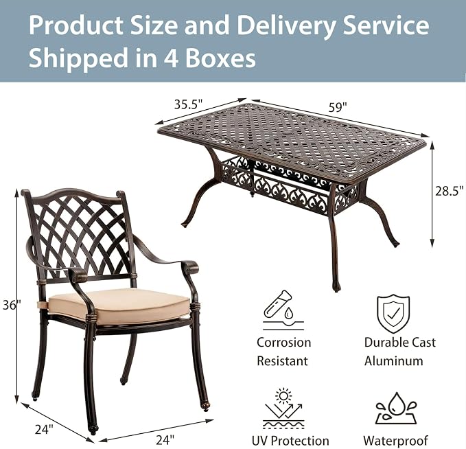 7-Pcs Cast Aluminum Patio Dining Set,59" Rectangular Table,Bronze | Outdoor Furniture Set Include Dining Table and 6 Stackable Chairs with Cushions & Umbrella Hole