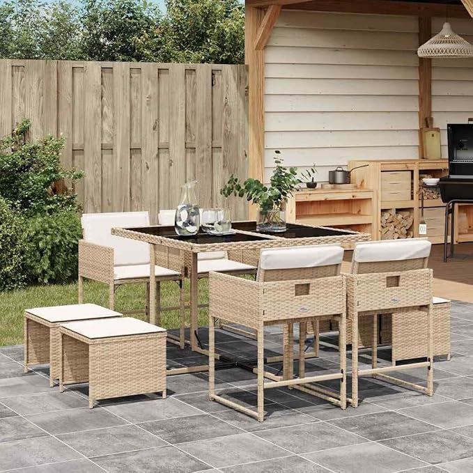 9-Piece Outdoor Garden Dining Set, Patio Table with 8 Chairs and Stools, Synthetic Poly Rattan Furniture with Cushions, Weather-Resistant Beige Dining Suite for Backyard and Terrace