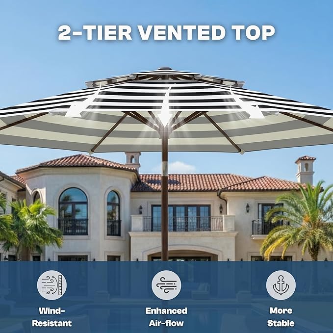 Outdoor Patio Umbrella, 2 Tiers Market Table Umbrella with 8 Sturdy Ribs, Push Button Tilt and Crank, UPF50+ UV Protection for Deck, Pool, Garden and Backyard