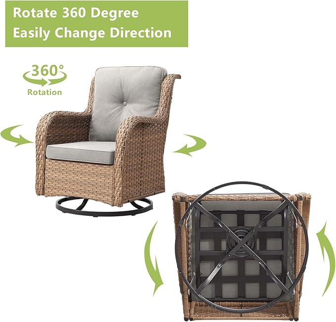 Rilyson Patio Furniture Swivel Chairs Set - 7 PC Wicker Rattan Outdoor Sectional Conversation Sets with 2 Rocking Chairs,2 Ottoman,2 Sofa and 1 Coffee Table for Porch Deck Garden(Yellow/Beige)
