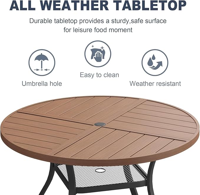 VICLLAX 5 Pieces Patio Outdoor Dining Set, 4 Swivel Textilene Chairs and 40.6" Round Metal Table with Umbrella Hole for Porch, Deck, Garden, Walnut/Brown