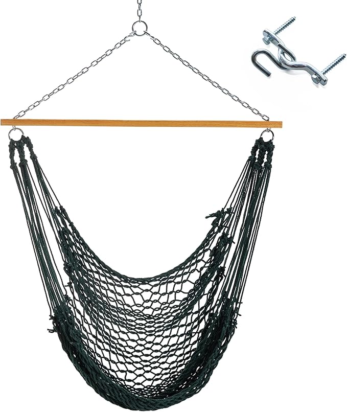 Original Pawleys Island Single Hammock Chair – Green DuraCord Rope, 350 lb Capacity, Oak Spreader Bar, Zinc Plated Hardware, Handcrafted in The USA