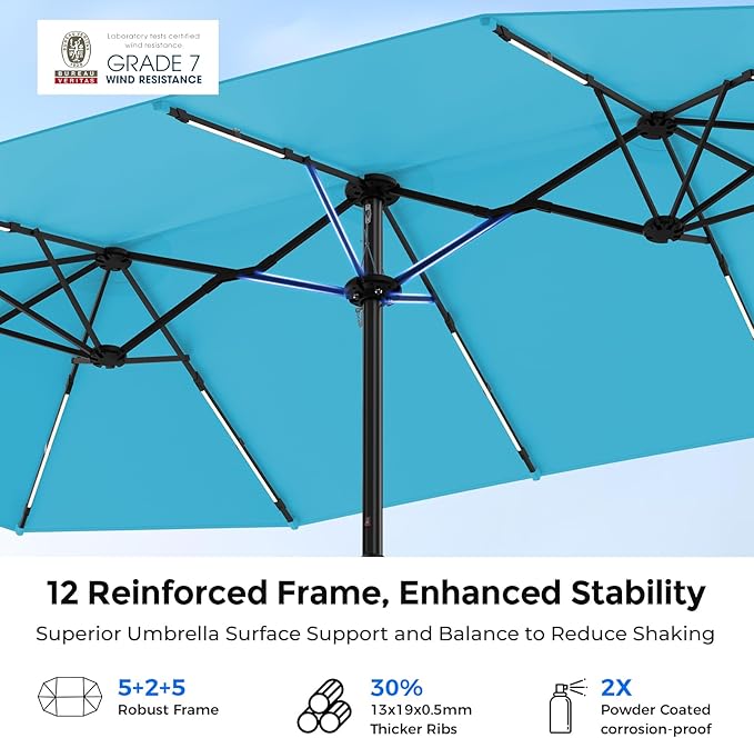 HOMSHADE 15FT Double Sided Umbrella with Light Bar and Base, Rectangle Oversized Patio Umbrellas, Extra Large Outdoor Table Umbrella for Pool, Patio, Garden (Light Blue)