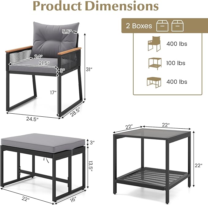 HAPPYGRILL 5 Piece Patio Conversation Set PE Rattan Wicker Chairs with 2 Ottomans, Soft Cushions and 2 Tier Coffee Table, Outdoor Furniture Set for Backyard, Garden and Poolside