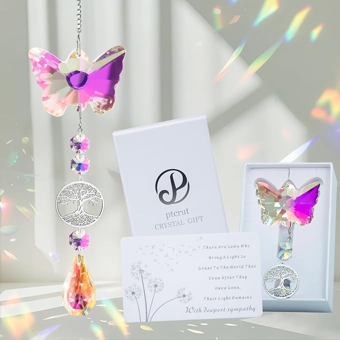 Unique Memorial Sympathy Gifts for Loss Loved One,Bereavement Gift Idea Crystal Rainbow Maker Butterfly Suncatcher in Remembrance Gifts for Grief Sorry for You Loss Mum Dad