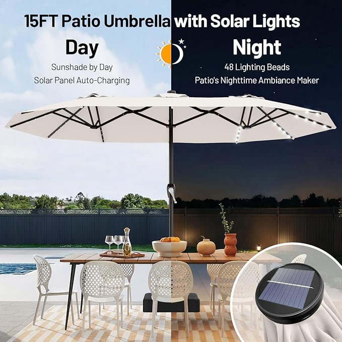 AreShark 15FT Patio Umbrella with Solar Lights, Double Sided Outdoor Table Umbrellas with Crank, Large Rectangular Market Umbrella for Porch, Lawn, Pool, Backyard, Cream-White