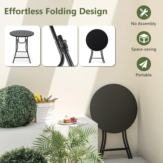 Tangkula 23 Inches Round Folding Table, Outdoor Patio Bistro Table with Tempered Glass Tabletop and Sturdy Metal Frame, Patio Side Table for Porch, Balcony, Deck