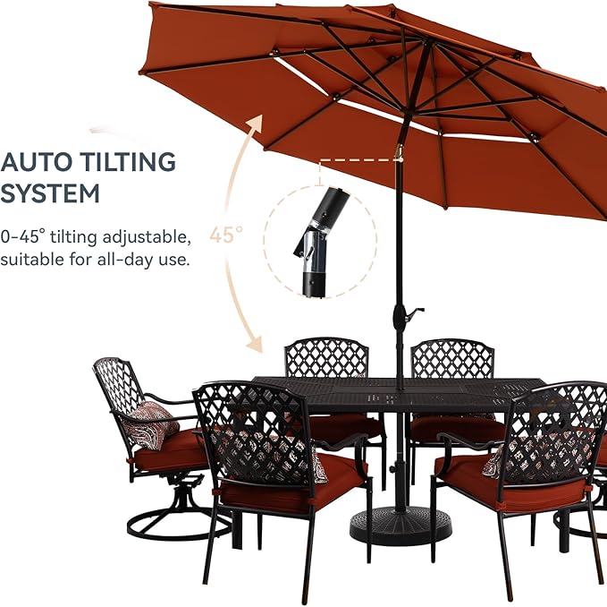 GREEN PARTY 10ft Outdoor Patio Umbrella, [Auto-Tilting] 3 Tiers Market Table Umbrellas with 1.5" Pole, 8 Sturdy Ribs, 3-Year-Non-Fading for Garden Deck Pool Backyard, Orange Red