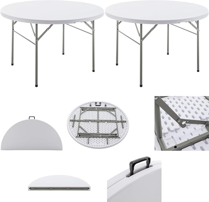 BTEXPERT Set of 2 White 4 Ft 48inch Round Plastic Folding Table Commercial Portable for Banquet Dining Wedding Party Events Home Kitchen Patio Backyard Indoor Outdoor