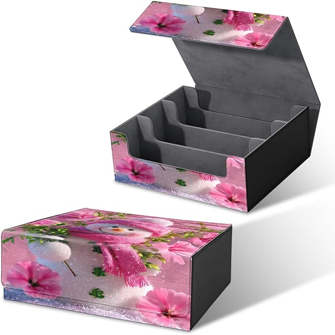 Large Card Deck Box for MTG, Fits 1200+ Sleeved Cards, PU Leather Storage Case with Strong Magnetic Closure, Multiple Colors for TCG CCG Baseball Card Collections, Pink Flower Snowman