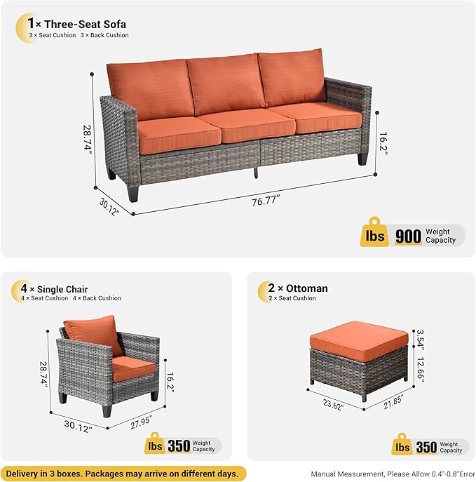 ovios Patio Furniture Set, 7 Pieces Outdoor Wicker Sofa Couch with 4 Chairs, Ottomans and Comfy Cushions, All Weather High Back Rattan Conversation Set, Orange Red