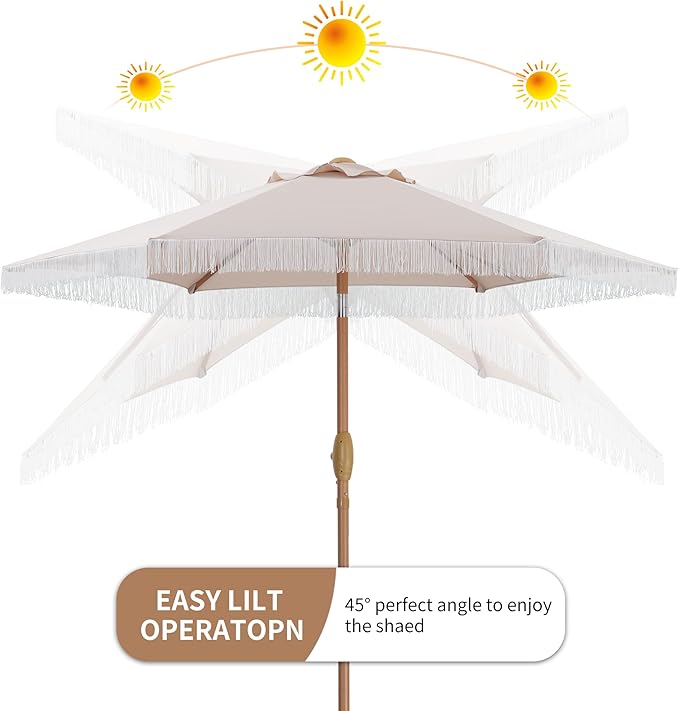 GDY 7.5FT Tassel Patio Umbrella Outdoor Table Umbrella,Market Umbrella with 6 Sturdy Ribs, with Push Button Tilt and Crank for Garden, Lawn, Deck, Backyard & Pool (Camel)