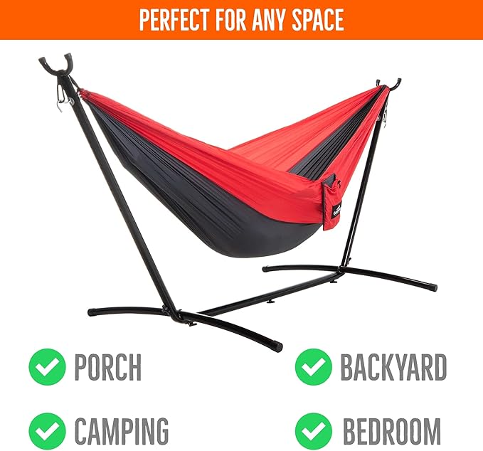 Castaway Living Travel Camping Hammock with Space Saving Stand & Storage Bag with an 400 LB Weight Capacity - Red/Charcoal