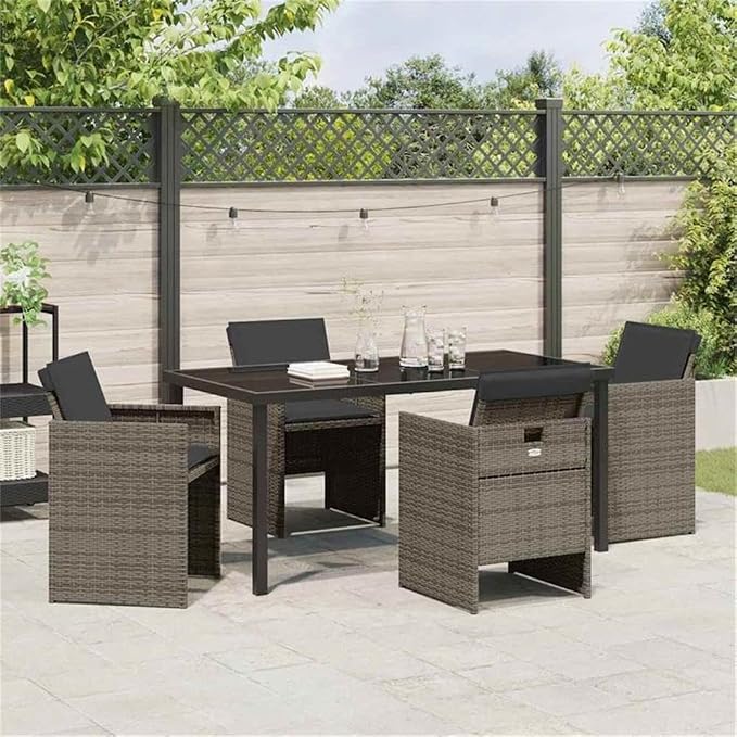 Afuera Living 5 Piece Poly Rattan Patio Dining Set, Gray, Tempered Glass Table, Powder-Coated Steel Legs, Weather-Resistant Cushions, Modern Design for Outdoor Garden or Patio Dining