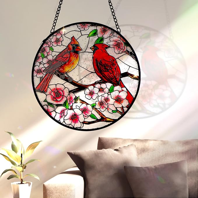 Remiawy Cardinal Stained Glass Window Hanging, 8 Inch Sun Catcher Glass Panel with Metal Chain and Hooks Suncatcher Indoor Window Wall Art Home Decor Gift for Bird Lovers Women Mother's Day Christmas