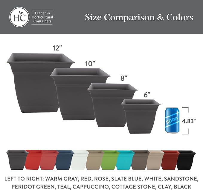 The HC Companies Eclipse Square Plastic Planter w/ Attached Saucer - Outdoor & Indoor Plant Pot with Drainage Holes - Lightweight, UV-Resistant Plastic Pots For Plants (12" Clay, Pack of 1)
