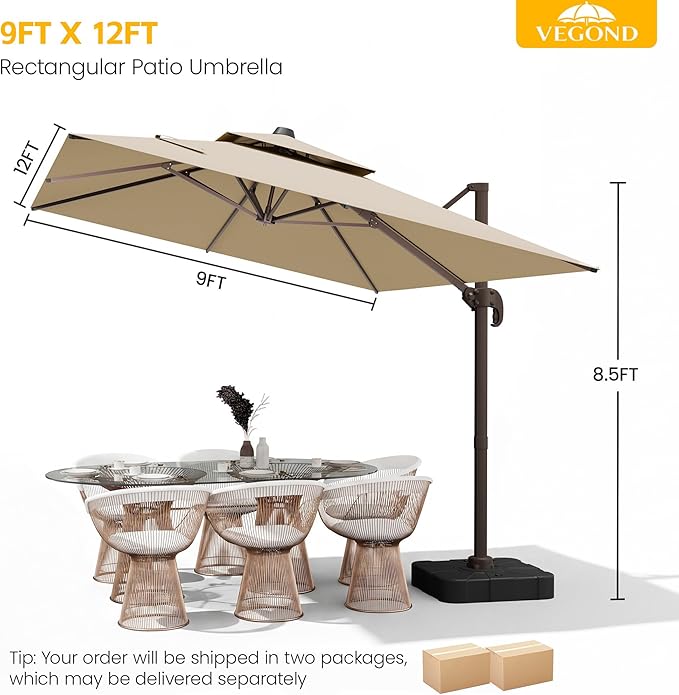 VEGOND 10x13 FT Patio Cantilever Umbrella with Base, Rectangular Heavy Duty Offset Umbrella for 8-10 People, 360°Rotation & Mult Tilt, Double Top Design, for Pool Garden Deck (Beige)