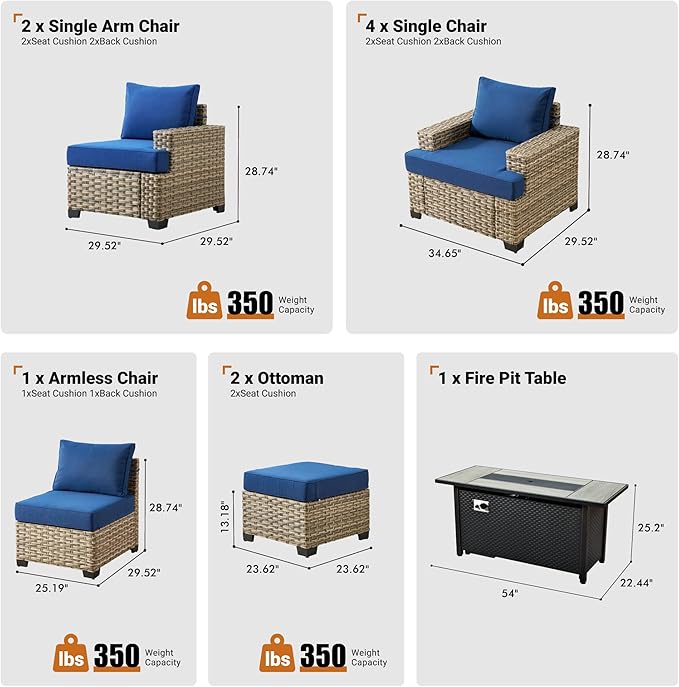 ovios 10 Piece Patio Sectional Furniture with 42in Fire Pit Table, Rattan Wicker Coversation Setwith Single Chairs, Outdoor Sofa Set for Outside Porch Balcony Backyard Pool, Navy Blue