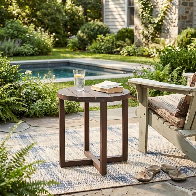 Merax Acacia Outdoor Wood Round Accent Side Table, Cross Base Design with Slat Detailing, Weather-Resistant, Dark Oak