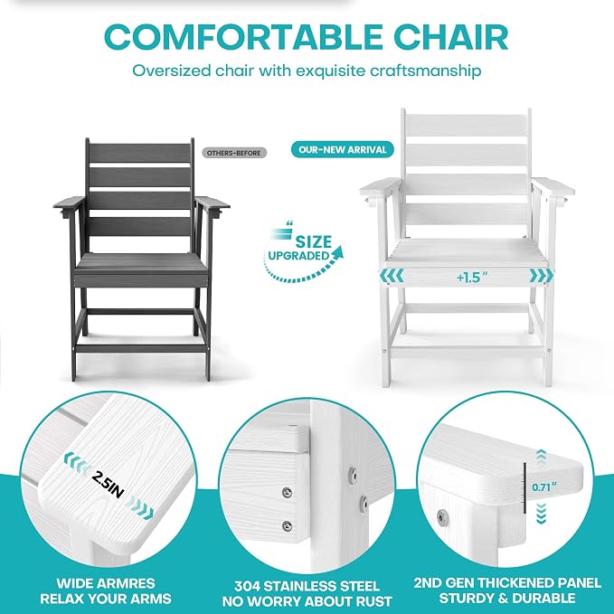 HDPE Dining Chair Set of 2, All-Weather Patio Dining Chair with Armrests, Wood Grain Texture, Heavy Duty Outdoor Furniture for Backyard, Garden.White