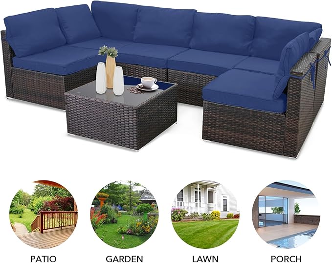 7 Pieces Outdoor Patio Furniture Sets,Rattan Conversation Sectional Set,Manual Weaving Wicker Patio Sofa with Tea Table