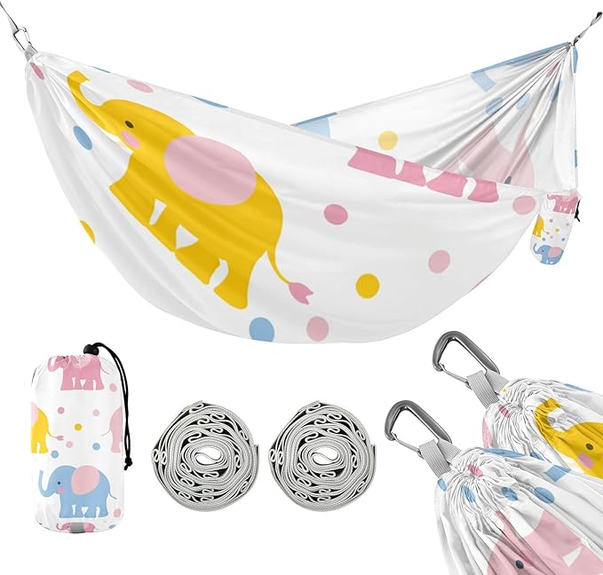 Cartoon Cute Blue and Pink Elephant 330lb Capacity Camping Hammock with Tree Straps Rope Hammock for Indoor Outdoor Patio Base para hamaca